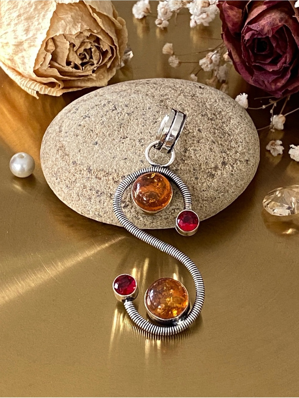 Baltic Amber And Garnet Hand Crafted Pendant